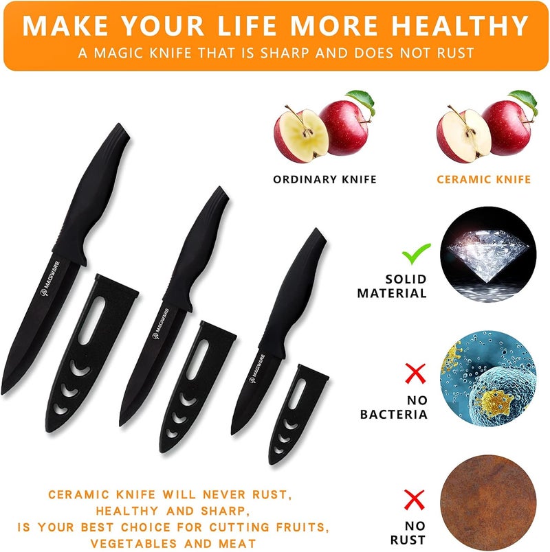 Magiware 6-Piece Paring Knife Set with Sheaths-Ceramic Blade Sharp Rust Proof Stain Resistant (include 5inch Utility Knife, 4inch Fruit Knife,3inch Paring Knifes)-Black (win0529) - Image 3